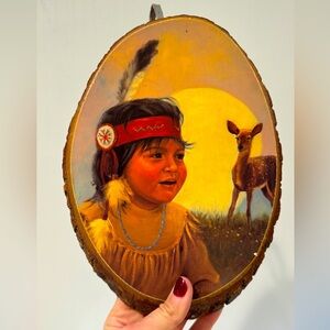 Native American Art Wood Handmade Plaque little boy fawn gifts for nature lover
